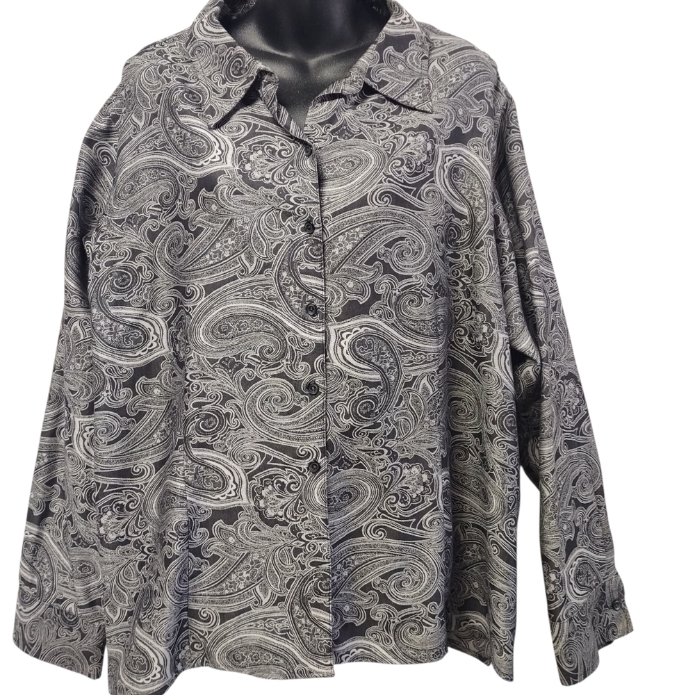 Gold Label Paisley Button Up Shirt Womens Long Sleeve Gray Black Collared Sz 24W